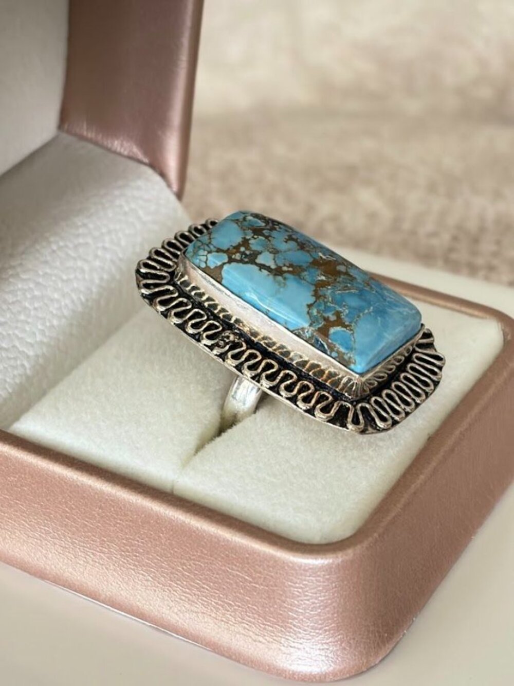 Tibetan Turquoise Rectangle Stone Statement Ring 925 Silver Plated - Size 7.5 - Picture 2 of 5